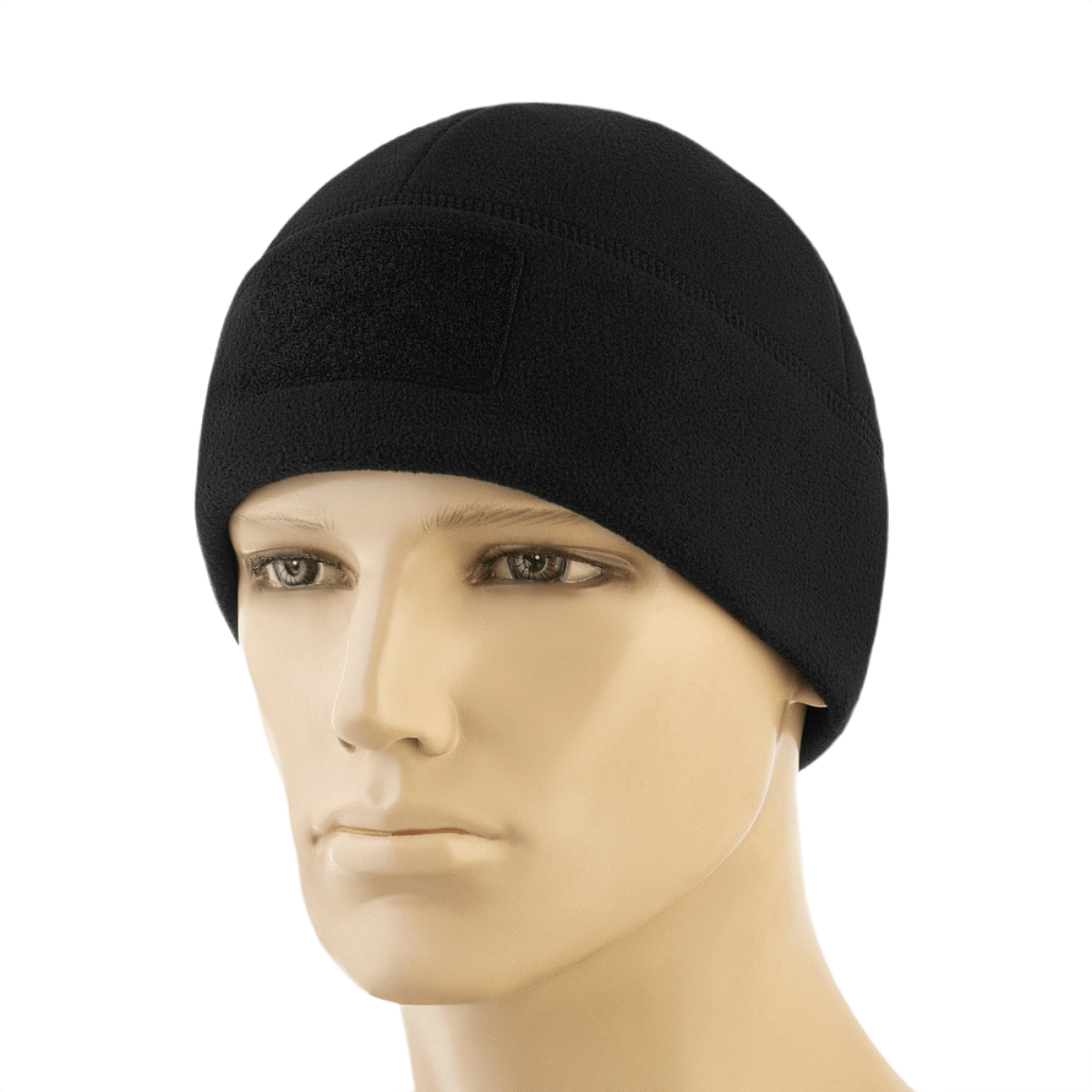 M-Tac Watch Cap Elite Fleece Beanie Hat Velcro i sort på mannequin, varm og let med velcro-panel til mærker, ideel til taktisk brug.