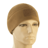 M-Tac Watch Cap Elite Fleece Beanie Hat Velcro i brun farve på mannequin, perfekt til taktisk brug og beskyttelse mod kulde.