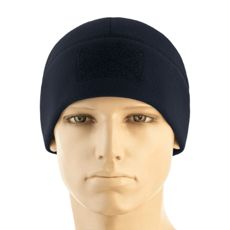 M-Tac Watch Cap Elite Fleece Beanie Hat Velcro i navy blå, ideel til koldt vejr og taktisk brug, med velcro-panel til identifikation.