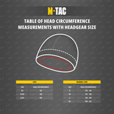Størrelsestabel for M-Tac Watch Cap Elite Fleece Beanie Hat Velcro, viser hovedomkreds og hætte størrelse for caps.