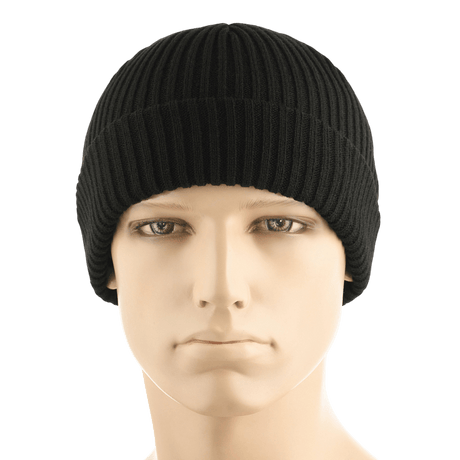 M-Tac Watch Cap 100% Akryl i sort strik, lav profil med dobbelt opslag. Perfekt til køligt vejr, strækbar for komfort.