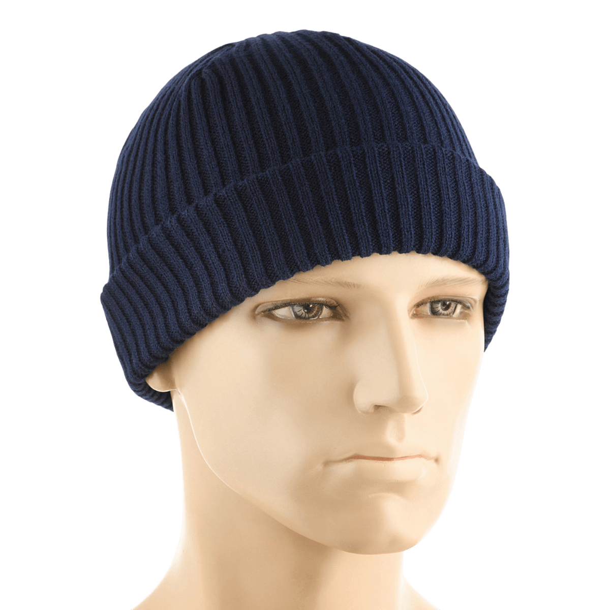 M-Tac Watch Cap 100% Akryl i marineblå strik med dobbelt opslag, ideel til koldt vejr, vises på mannequin.