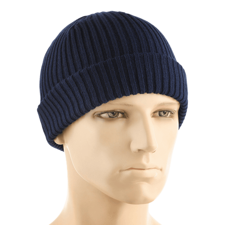 M-Tac Watch Cap 100% Akryl i marineblå strik med dobbelt opslag, ideel til koldt vejr, vises på mannequin.