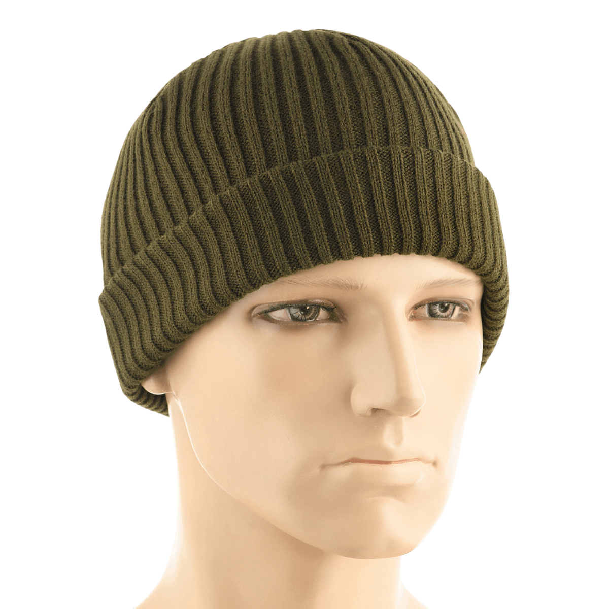 M-Tac Watch Cap 100% Akryl - strikket hue i olivengrøn, til køligt vejr, med lav profil og dobbel opslag for ekstra varme.