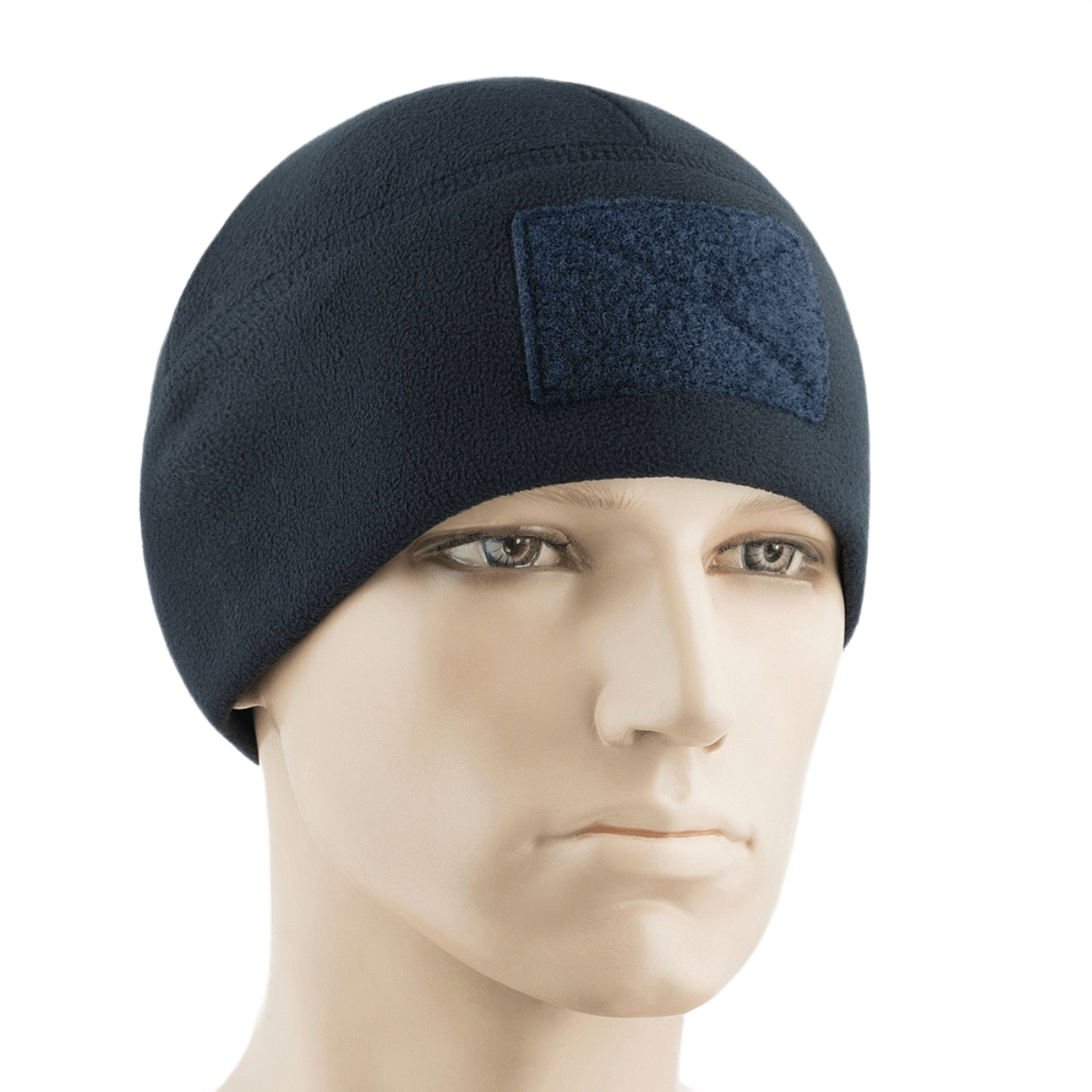 M-Tac Fleece Tactical Watch Cap Beanie m. Patch Panel på mannequin, let og varm hue til koldt vejr, velegnet til taktisk brug.