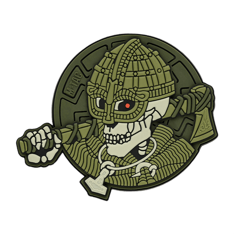 M-Tac Patch Undead Viking 3D PVC i grøn gummi med skeletkriger motiv, ideel til taktisk udstyr eller samlere, 50 mm diameter.