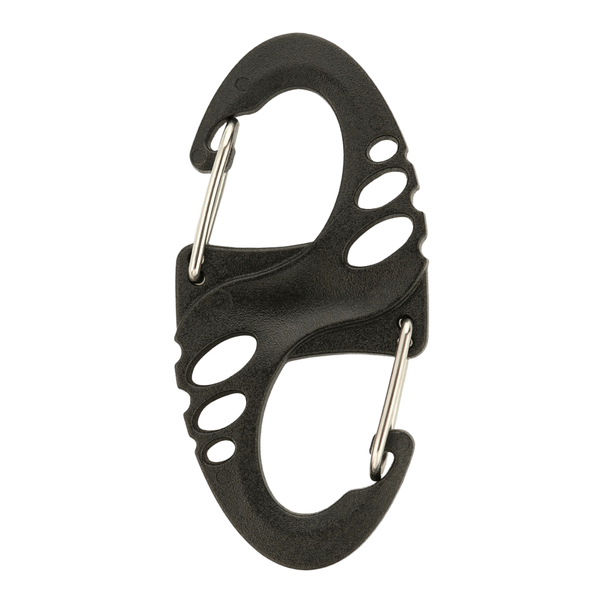 M-Tac Plast S-Krog Karabinhage, sort plast dobbeltsidet karabinhage til nøgler og let udstyr, ikke til klatring. Perfekt til daglig brug, EDC-kit.