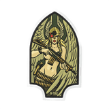 M-Tac Sticker Valkyrie viser en Valkyrie med hjelm og M4 gevær på Arrowhead patch baggrund, inspireret af mytologi og specialstyrker.