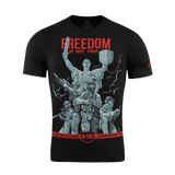 M-Tac T-Shirt Freedom med militærpersonel, modstandssymboler, skjold og sværd, fremhæver beslutsomhed og frihed i blød bomuldsblanding.