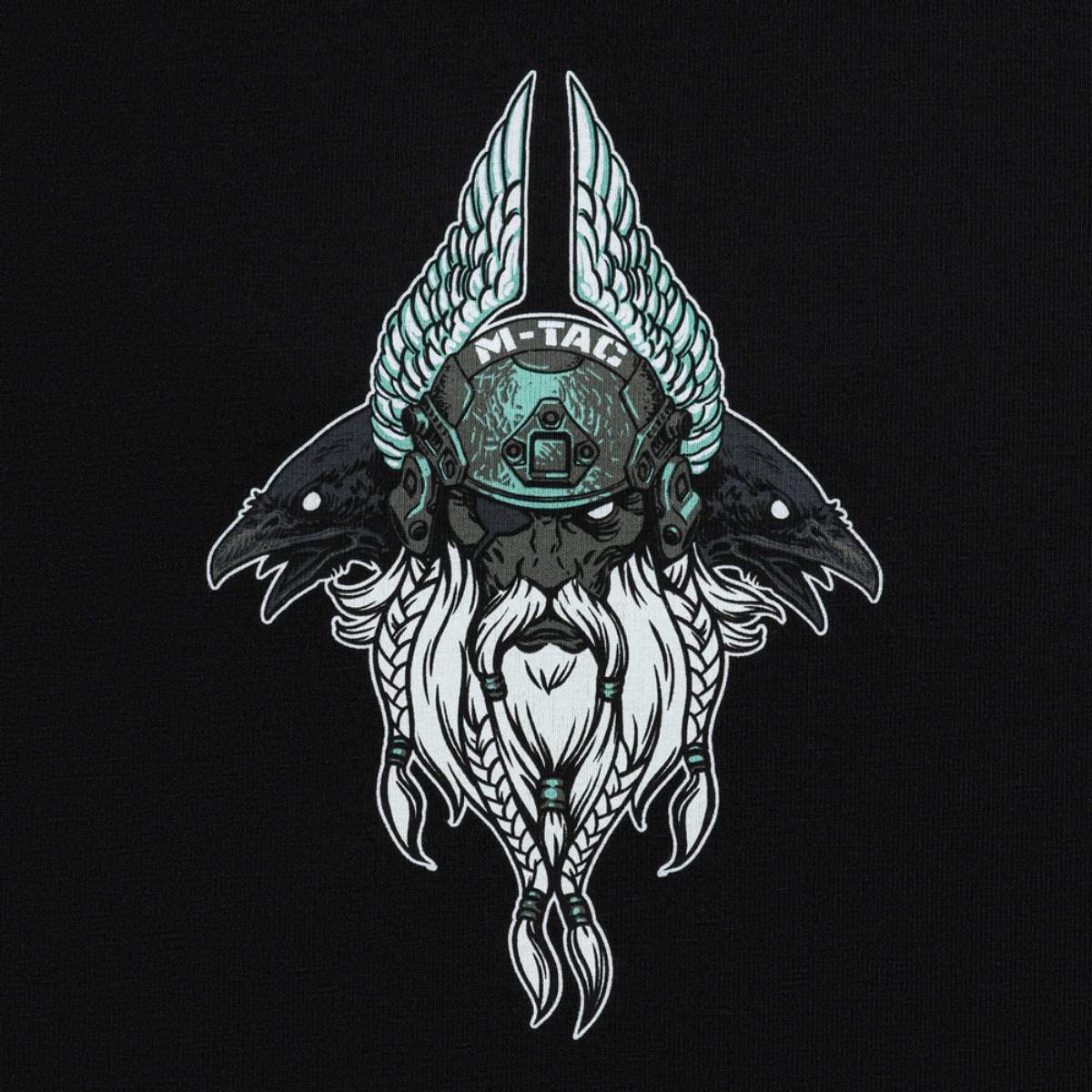 Illustration af Odin med moderne kampudstyr og ravne, som pryder M-Tac T-Shirt Odin Mystery Long Sleeve 