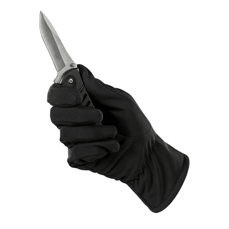 M-Tac Vinterhandsker Soft Shell i sort viser greb på kniv, ideel til beskyttelse mod vind og vejr, let og funktionelt design.