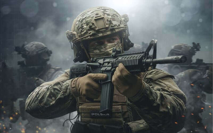 Soldat i fuld kamoflage holder et automatgevær i kamp, tæt på i fokus.