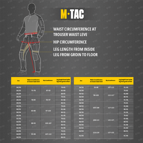 M-Tac Bukser Aggressor Summer Flex størrelsesguide med kropsmål som talje, hofter og benlængde for optimal pasform. Perfekt til sommerbrug.