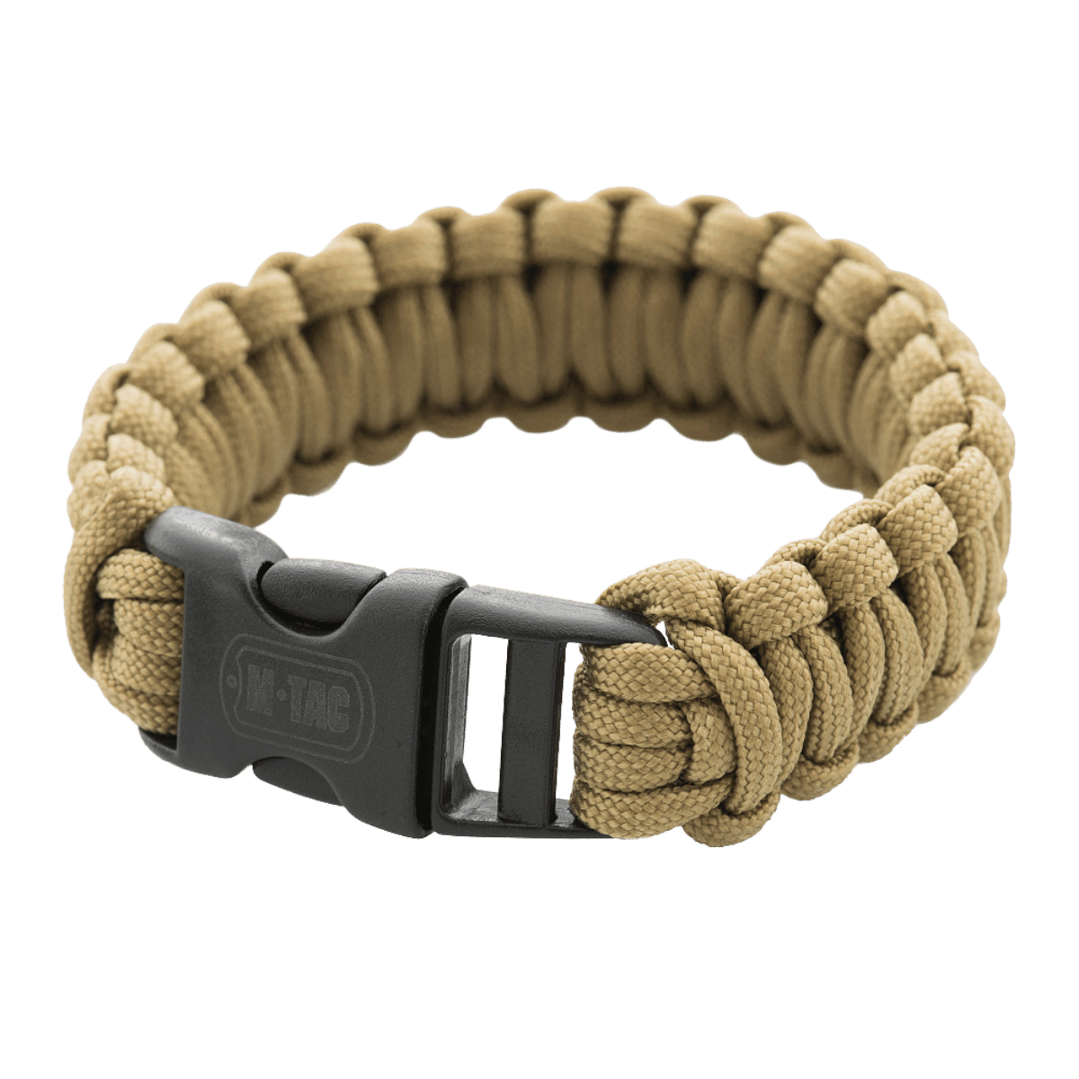 M-Tac Paracord Armbånd i beige med sort spænde, ideelt til friluftsliv og overlevelsesbrug, robust og stilfuldt design.