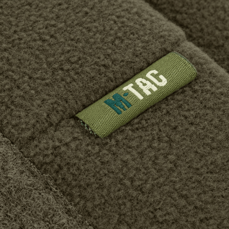 M-Tac Watch Cap Elite Fleece Beanie Hat Velcro i grøn fleece med velcro-panel til mærker, ideel til koldt vejr og taktiske aktiviteter.