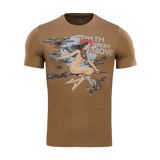 M-Tac T-Shirt Death From Above med heksedesign og droner, brun t-shirt i bomuld og elastan, modstandsdygtigt print, moderne militær stil