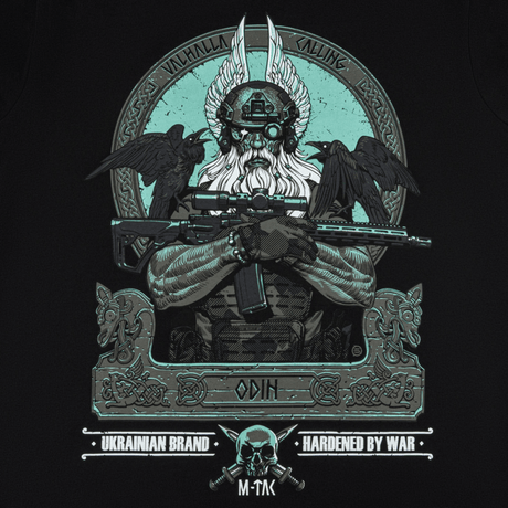 M-Tac T-Shirt Odin Mystery Long Sleeve med Odin, AR-15 og ravnene Hugin og Munin, teksten 'Valhalla Calling', skandinavisk mytologi tema.