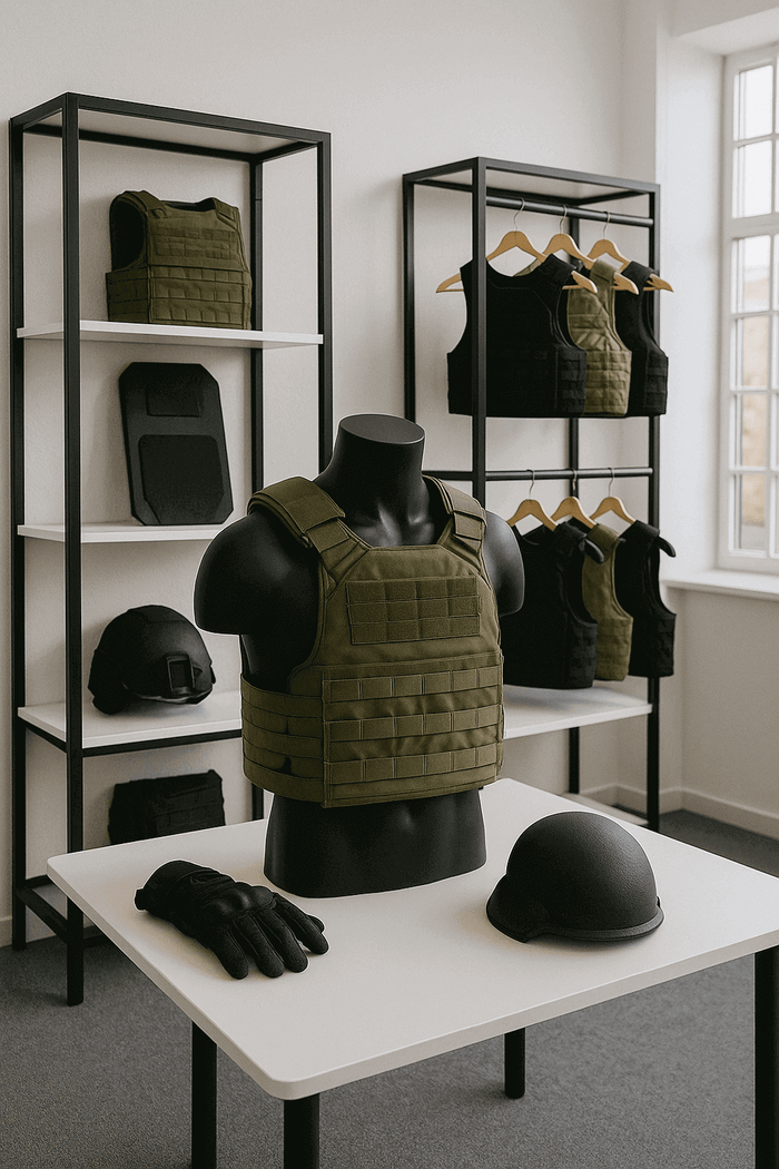 Display af taktiske beskyttelsesveste, hjelm og handsker i et showroom, der viser forskellige modeller og farver på et bord.