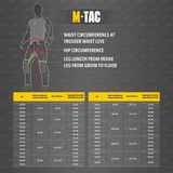 Størrelsesguide for M-Tac Jeans Tactical Gen. I Cordura Regular Fit med talje-, hofte- og benmål.