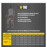 Size chart for M-Tac Feltbukser NYCO with waist, hip, and leg measurements for different dimensions in pants sizes.