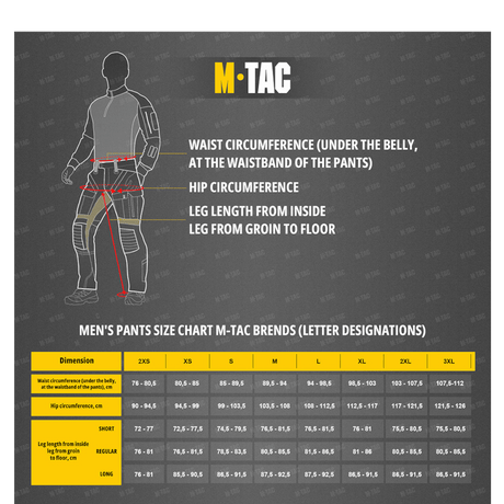 Size chart for M-Tac Feltbukser NYCO with waist, hip, and leg measurements for different dimensions in pants sizes.