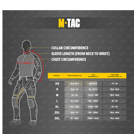 Størrelsesguide for M-Tac Bukser Army Gen. II NYCO Extreme med mål for krave, ærme og bryst omkreds.